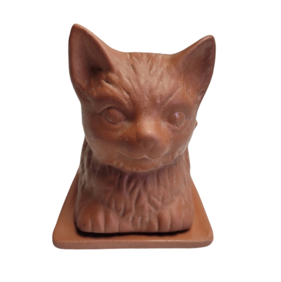 Vintage Terra Cotta Kitty Cat with Bow  Butter Dish - Picture 6 of 12